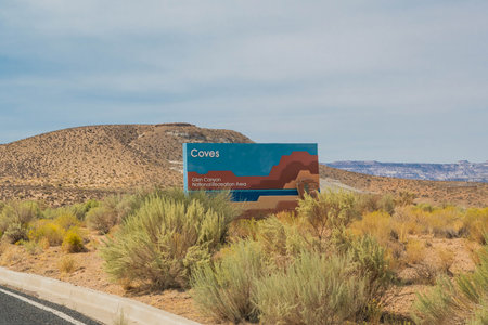 Glen Canyon NR, AZ, USA - Sept 26, 2020: A welcoming signboard at the entry point of the preserve parkのeditorial素材