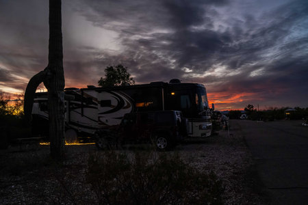 Tucson, AZ, USA - Dec 10, 2021: Enjoying the captivated view from our RV