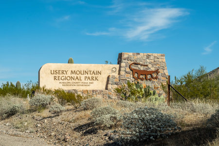 Usery Mountain Park, AZ, USA - Dec 22, 2021: A welcoming signboard at the entry point of preserve parkのeditorial素材