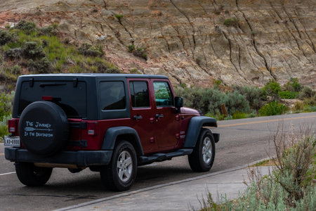 Theodore Roosevelt NP, ND, USA - July 6, 2021: A Jeep Wrangler Unlimited Sports parked along the preserve parkのeditorial素材