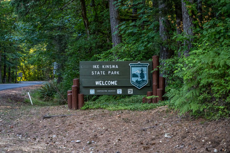 Ike Kinswa SP, WA, USA - August 10, 2021: A welcoming signboard at the entry point of preserve parkのeditorial素材