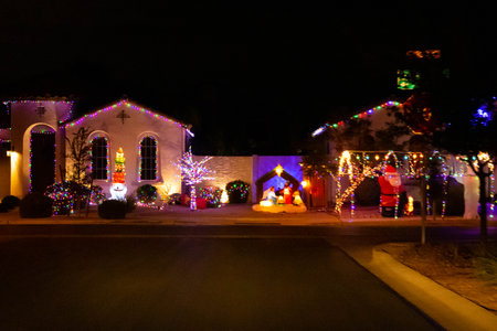 Queen Creek, AZ, USA - Dec 23, 2021: Houses full of light show and decorationsのeditorial素材