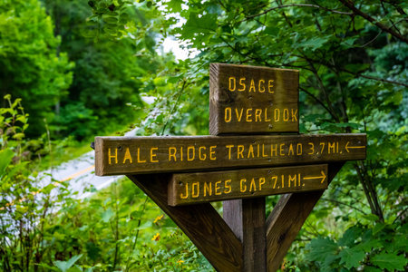 Highlands, NC, USA - July 31, 2022: A signage post for different tourist destinationsのeditorial素材