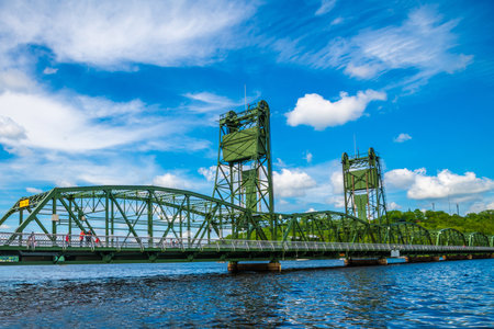 A historic site vertical lift bridge crossing the St. Croix Riverの写真素材