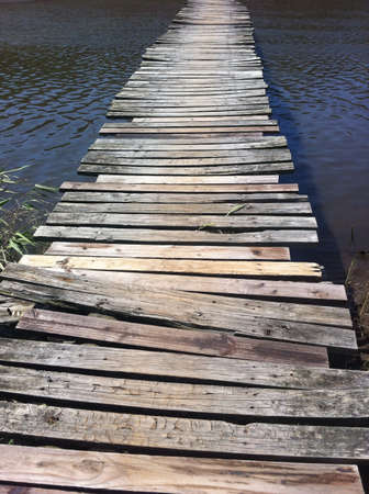 Rickety wooden bridge over riverの素材