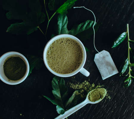 A Flat lay for the love of Matcha Green Tea with all it's wonderful health benefits.の写真素材