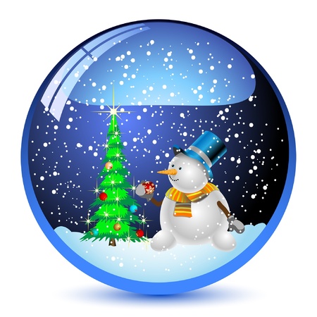 Illustration snow globe with a christmas tree and snowman within. Vector.のイラスト素材