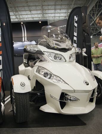 KIEV, UKRAINE - APRIL 29: A new BRP Spyder motorbike is on display at the International Specialized Exhibition, "Motobike 2012," on April 29, 2012 in Kiev, Ukraine. のeditorial素材