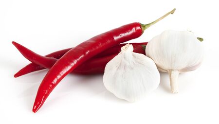chili and garlic on white backgroundの写真素材