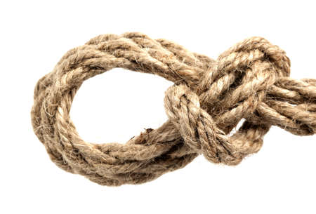 Rope with knot close isolated on white backgroundの写真素材