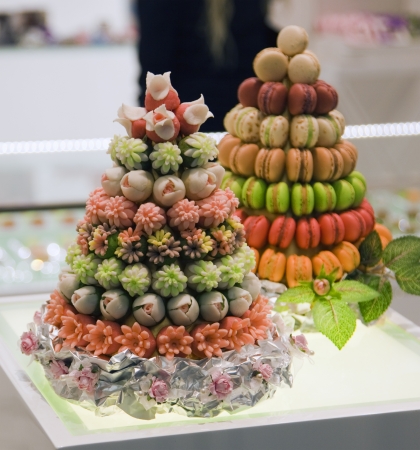 two fruit cake with nine tiers on the tableの写真素材
