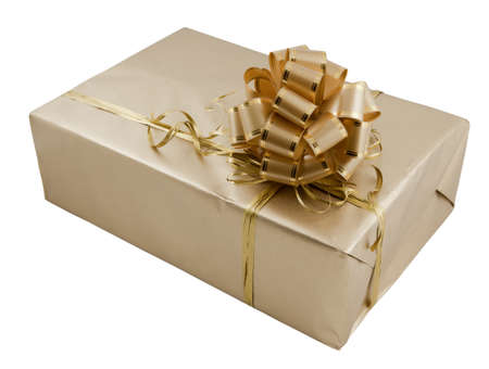 Gift box in gold isolated on white backgroundの写真素材