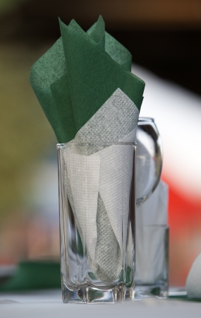 table setting, napkin in a glass beakerの写真素材