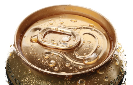 Aluminum can with water drops isolated on white background  の写真素材
