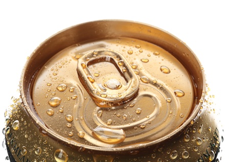 Aluminum can with water drops isolated on white background  の写真素材