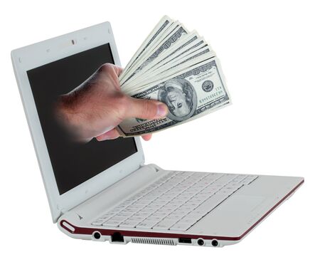 Hand with money and portable notebook isolated on white background の写真素材