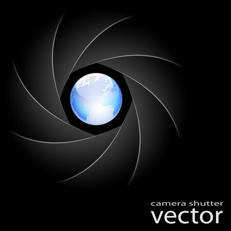Illustration of camera shutter and planet Earth on black background. Vector.のイラスト素材
