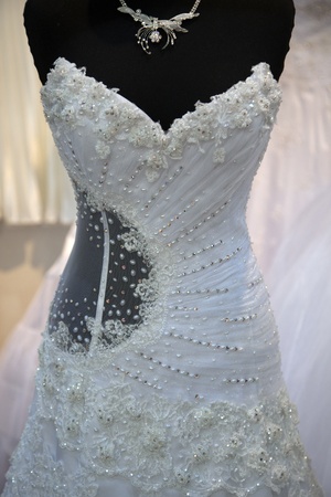 chiffon wedding dress with a mannequinの写真素材