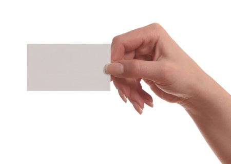 hand of a girl with a business card isolated on white backgroundの写真素材