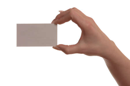 hand of a girl with a business card isolated on white backgroundの写真素材