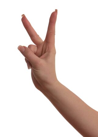 shows a woman's hand gesture isolated on white backgroundの写真素材