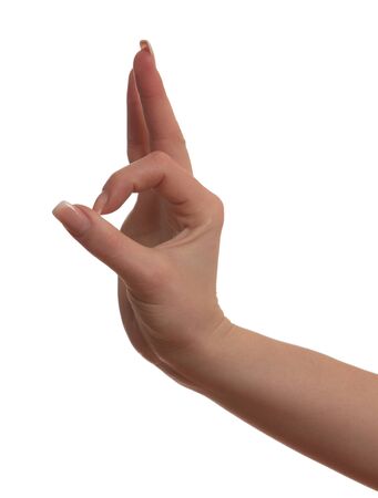 shows a woman's hand gesture isolated on white backgroundの写真素材
