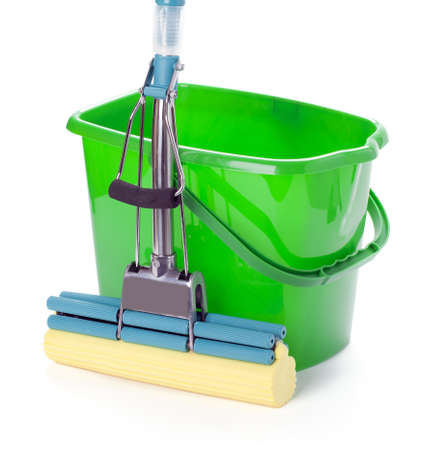 Bucket and mop isolated on white background の写真素材
