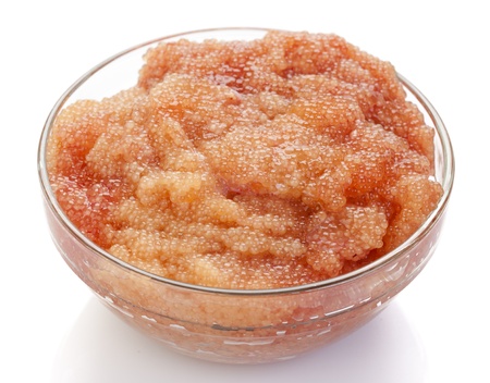 pike caviar in glass plate isolated on white backgroundの写真素材