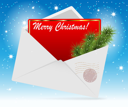 Illustration of greeting card in an envelope on a blue background. Vector.のイラスト素材