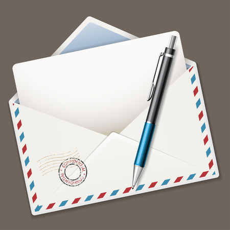 Illustration ballpoint pen and airmail envelope isolated on dark backgroundのイラスト素材