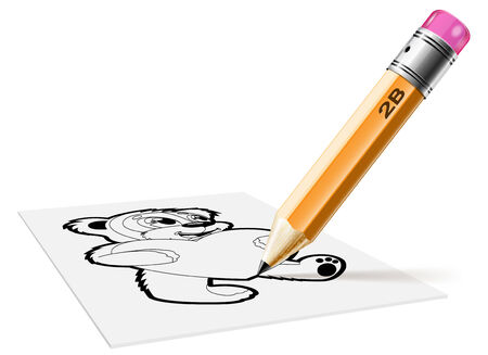 Illustration of a pencil and drawing on paper bear on a white backgroundのイラスト素材