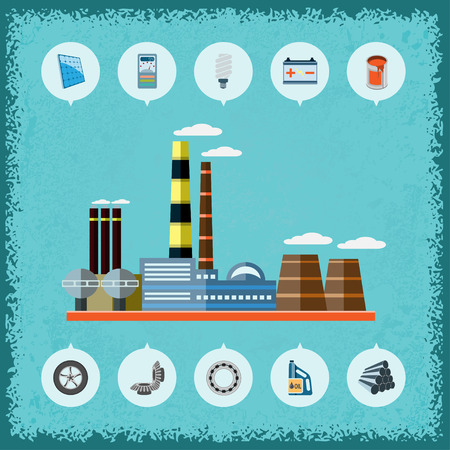Illustration of plant with icons of industrial production. Vector.のイラスト素材