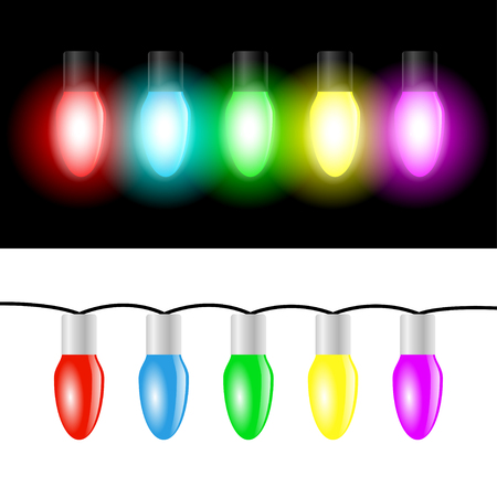 Christmas color light bulbs on white and black background. Illustration vector のイラスト素材