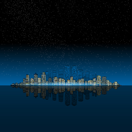 Night modern city on the ocean. 
Urban night landscape.のイラスト素材