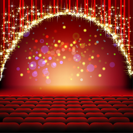 Cinema. Theater Hall with Seats and a red Curtain with Gold glitter and Stars.のイラスト素材