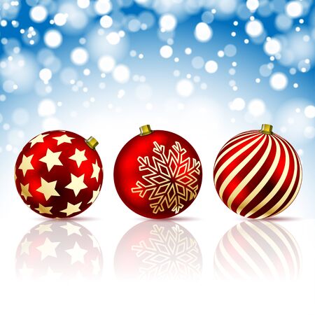 Three Red Christmas Balls on snowfall background. Illustrationのイラスト素材
