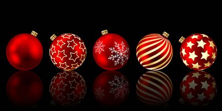 Red Christmas balls with reflection on a black background. Vector illustration.のイラスト素材