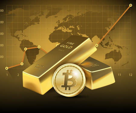 Bitcoin and two Gold bars on dark background. Concept of growth of the cryptocurrency in financial world. Banking business. Vector illustrationのイラスト素材