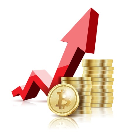 Illustration of Gold Bitcoin coins and arrow on white background. Concept of growth of cryptocurrency in financial world. Banking business. Vector.のイラスト素材