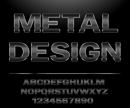 Metal Alphabet. Chrome Steel grid Font Design for typography on dark background. Illustration vector.のイラスト素材