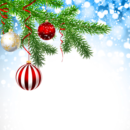 Christmas greeting card with pine branches and balls. Illustration New Year background, vector.のイラスト素材