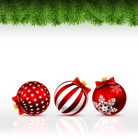 Christmas greeting card with pine branches and three red balls on white. Illustration New Year background, vector.のイラスト素材