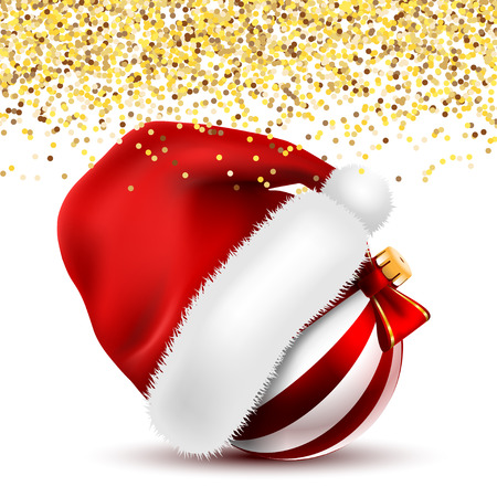 Santa Claus Fur red Hat with Christmas Ball and Falling Gold Confetti. Vector illustration.&#x9;のイラスト素材
