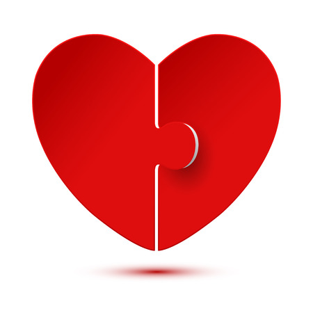 Two red Hearts for Valentines Day on white background. Love Puzzle concept. Vector illustration.のイラスト素材