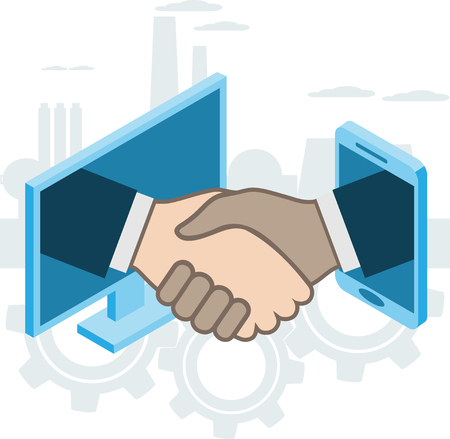 Business handshake, via phone and laptop, online conclusion of transaction. Strategy success, financein ideas. Vector illustrationのイラスト素材