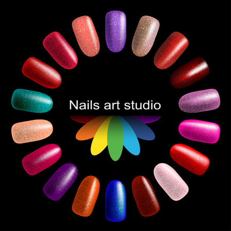 Nail polish palette isolated on black background. Fashion color manicure for beauty studio.  Illustration vector.のイラスト素材