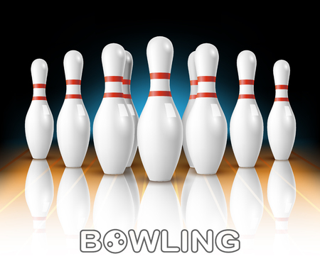 Realistic bowling white pins in game club on dark background. Vector illustrationのイラスト素材