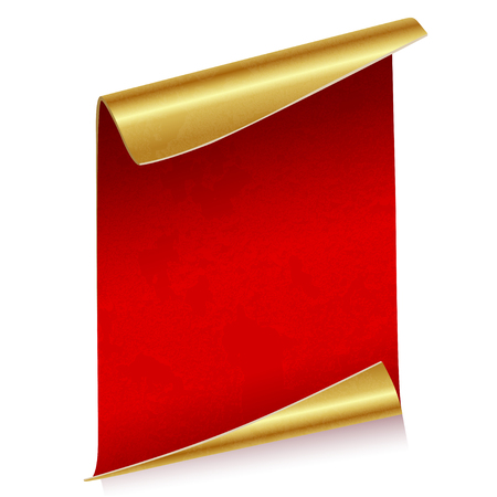 Sheet of red parchment paper with golden edges for writing, gift, advertising, Christmas, birthday on white backgroundのイラスト素材