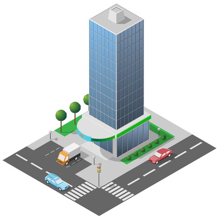 Isometric icon high glass building with street and cars for city map creation. Urban elements modern architecture. Vector illustrationのイラスト素材