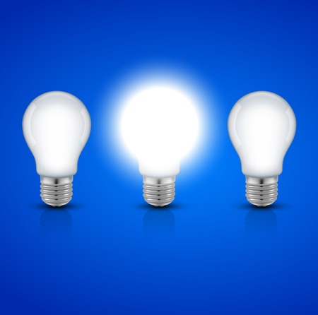 Idea concept, glowing lamp on blue background. Illustration vector.のイラスト素材